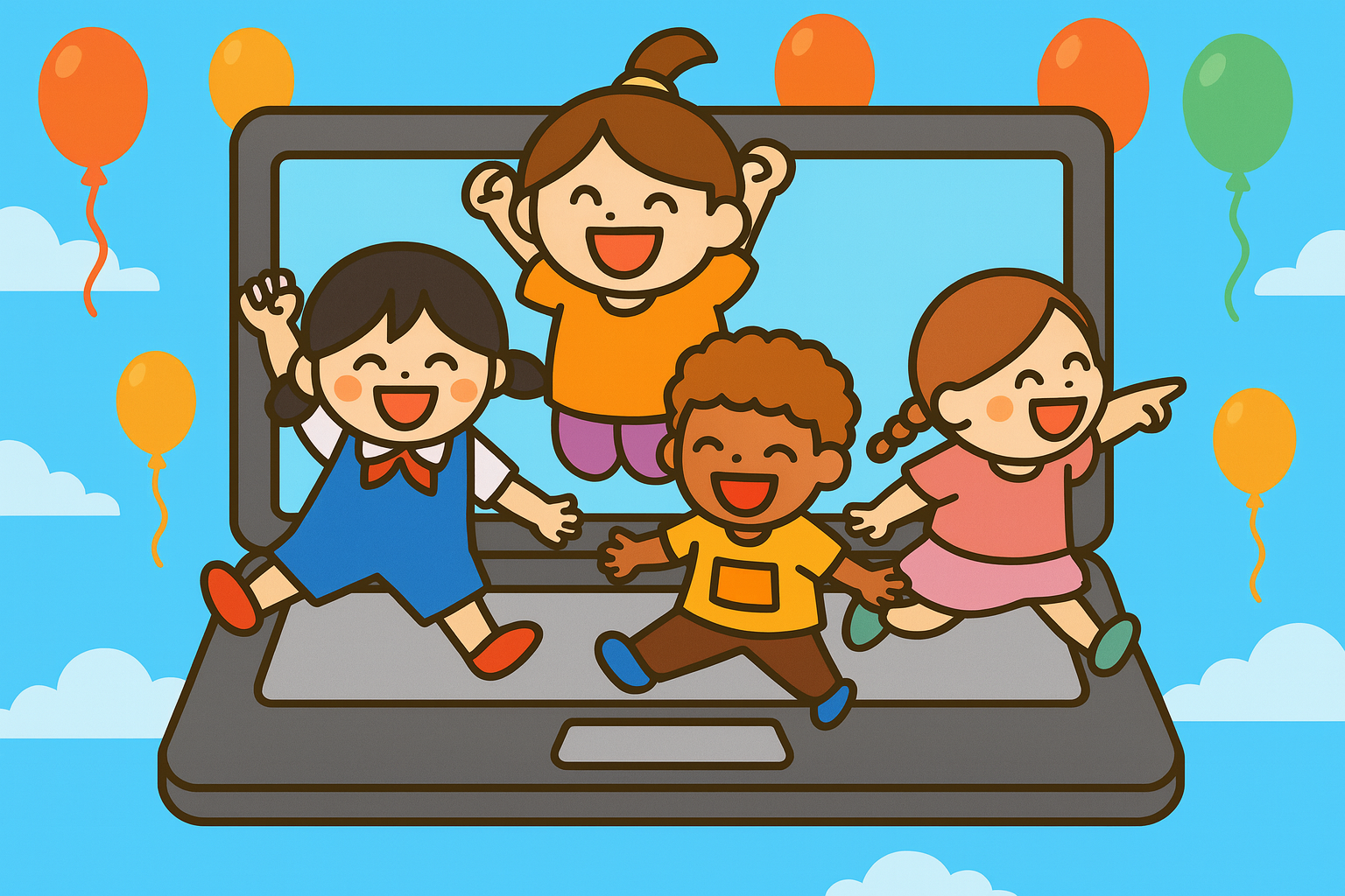 パソコンから飛び出す子どもたちのイラスト